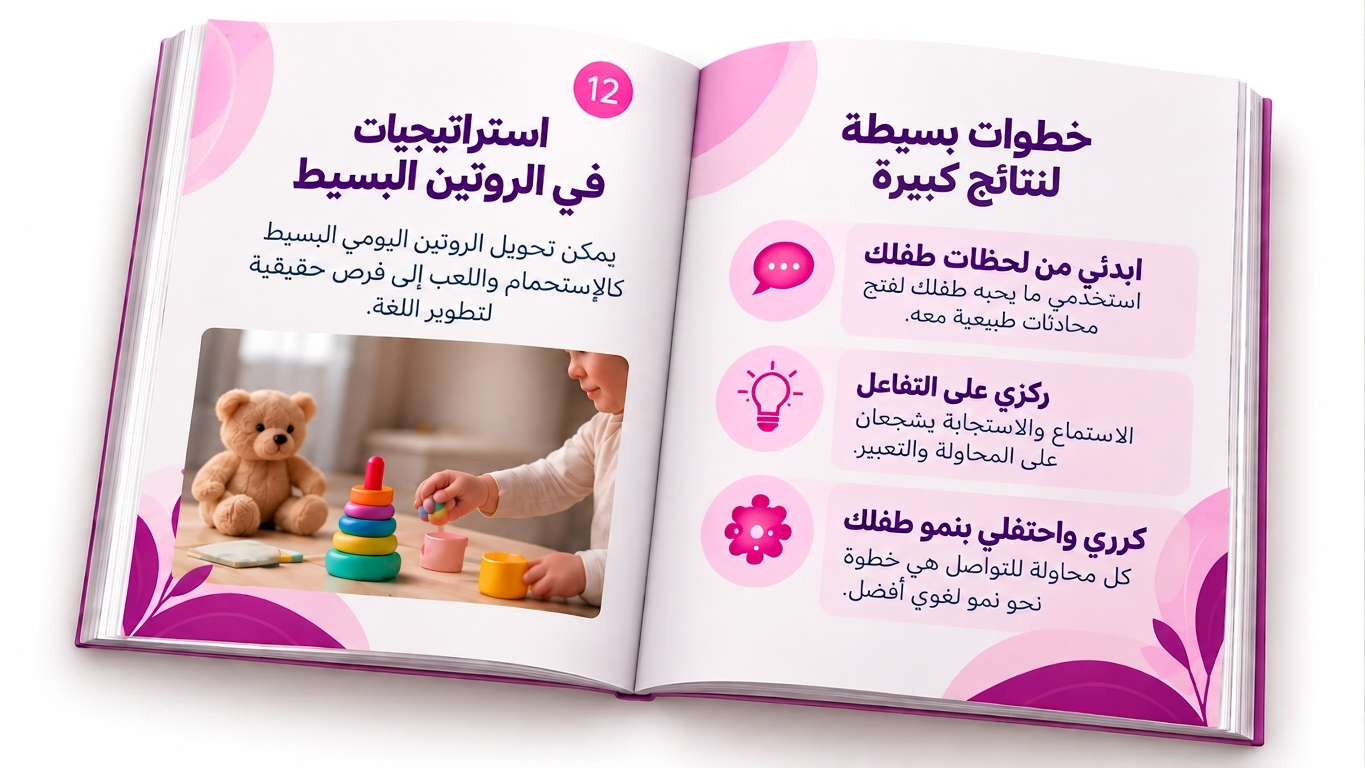 كتيّب مفتوح يعرض استراتيجيات الروتين اليومي ونصائح عملية للتفاعل مع طفلك